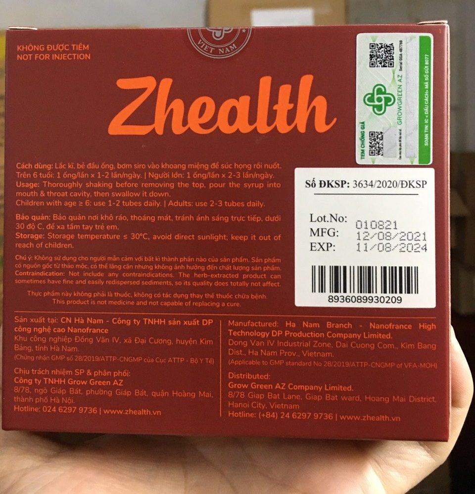 Mã vạch của sản phẩm Zhealth chính hãng là 8936089930209